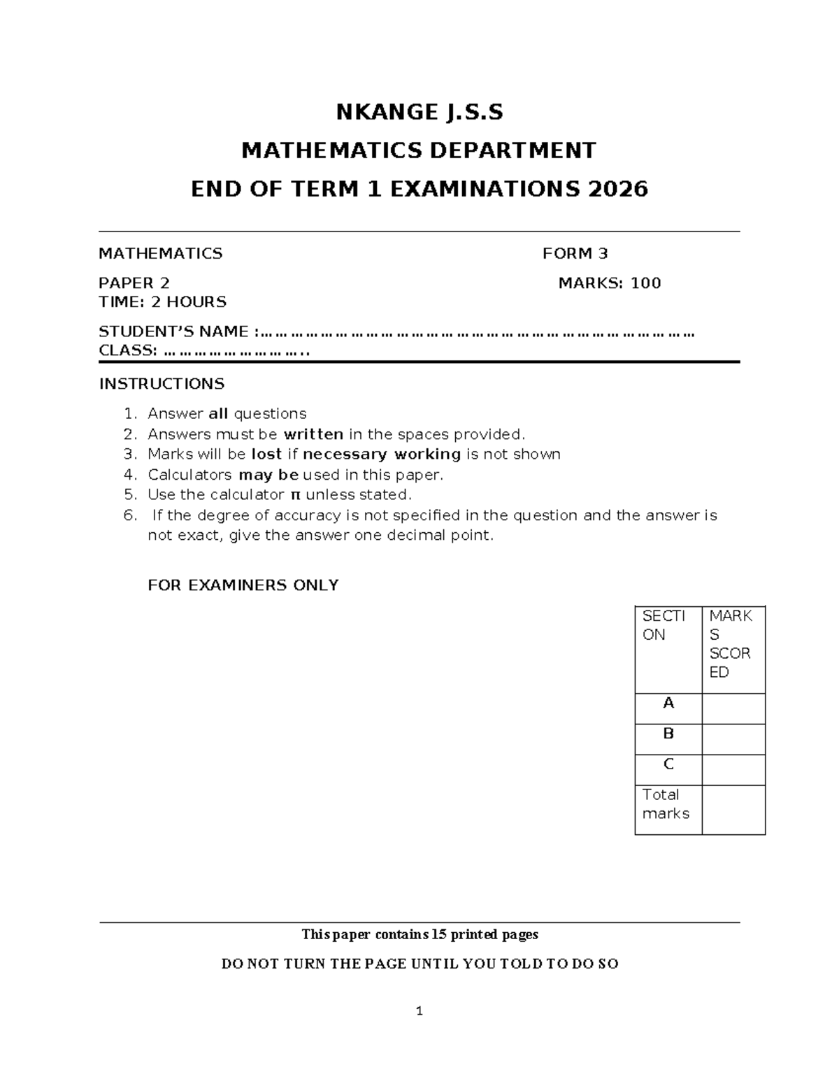 END OF TERM 1 2026 F3 MATHEMATICS PAPER 2 EXAMINATION - Studocu