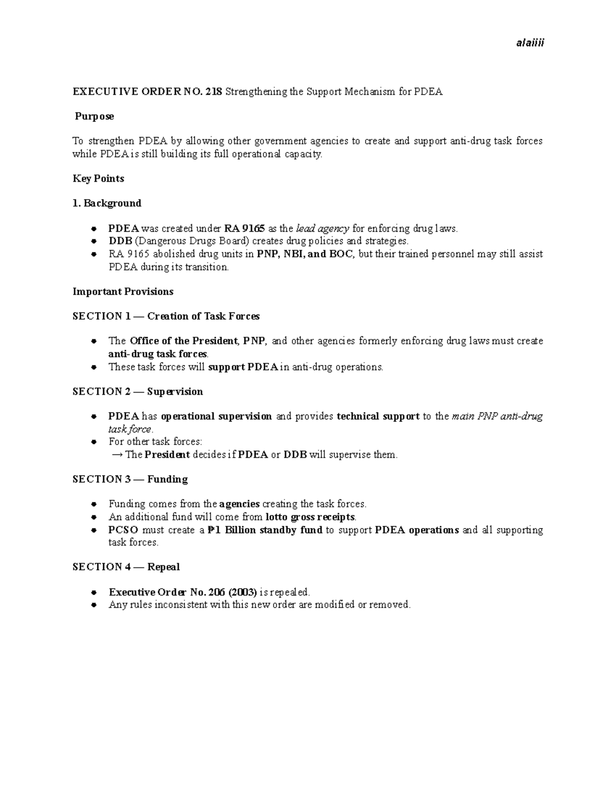 Executive Order No. 218: Strengthening PDEA Support Mechanisms - Studocu