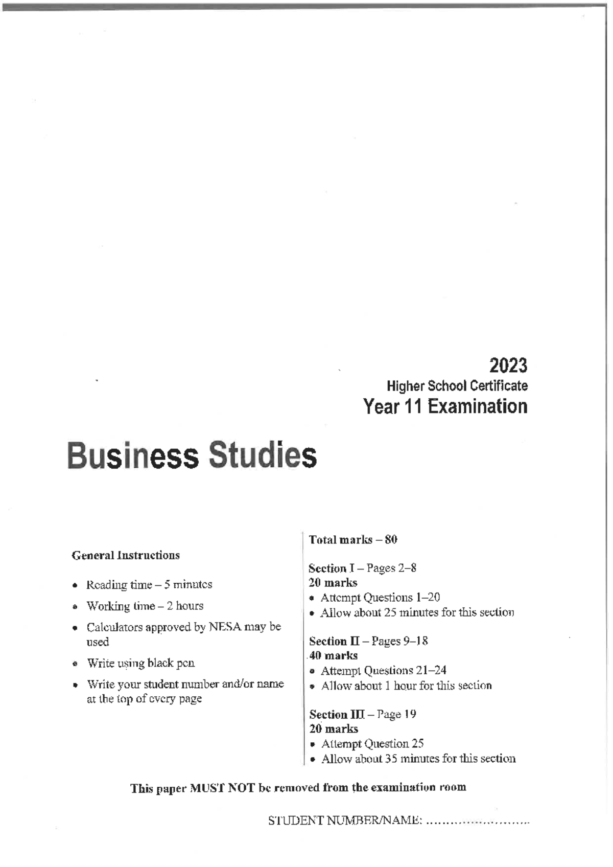 2023 HSC Year 11 Business Studies Exam - Total Marks 80 - Studocu