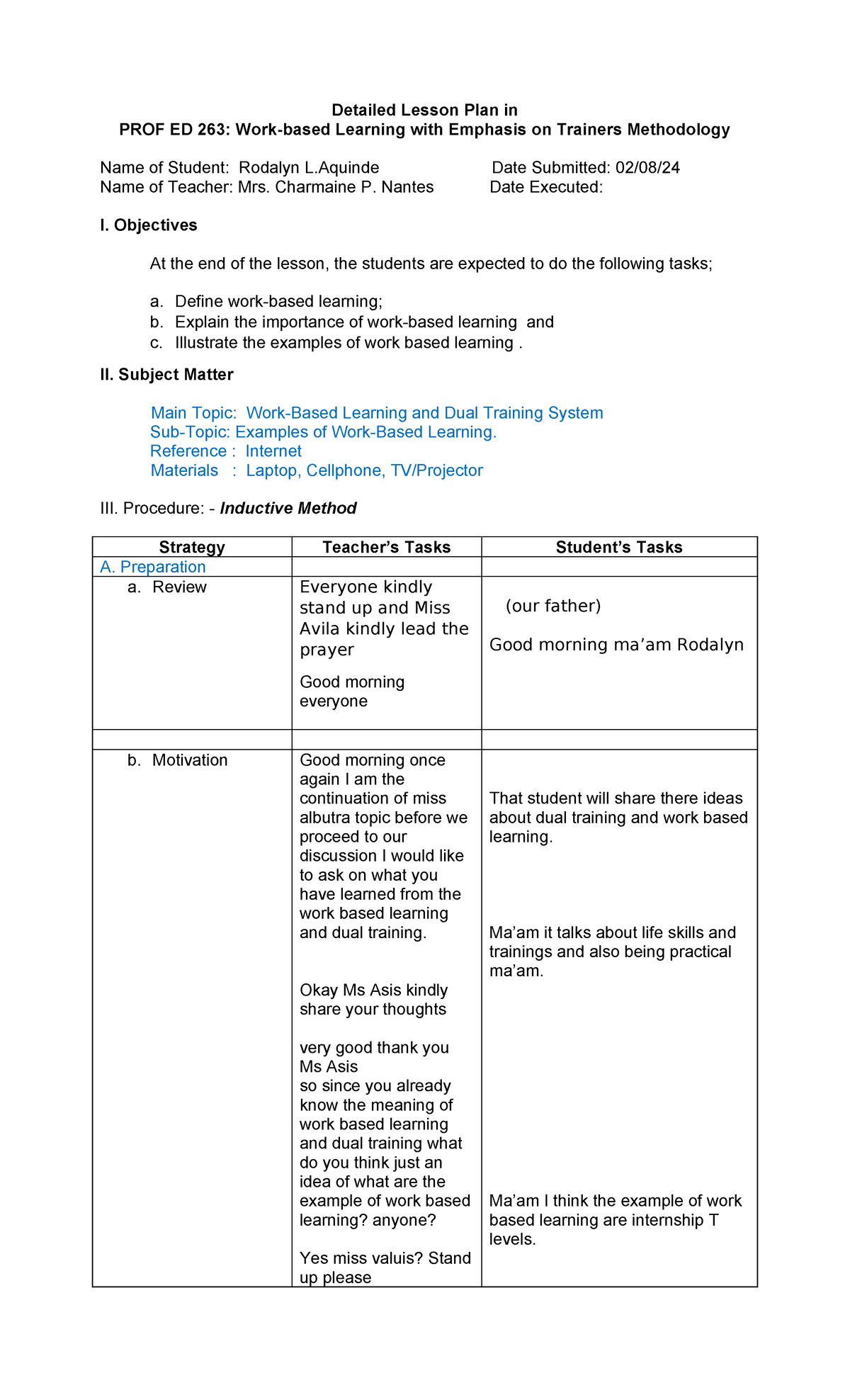 PROF ED 263 - Detailed Lesson Plan on Work-Based Learning - Studocu