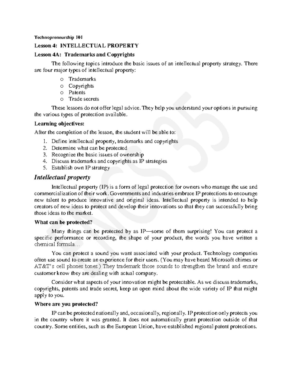 Techno 101 Lecture 4A: Exploring Trademarks and Copyrights in IP - Document Preview