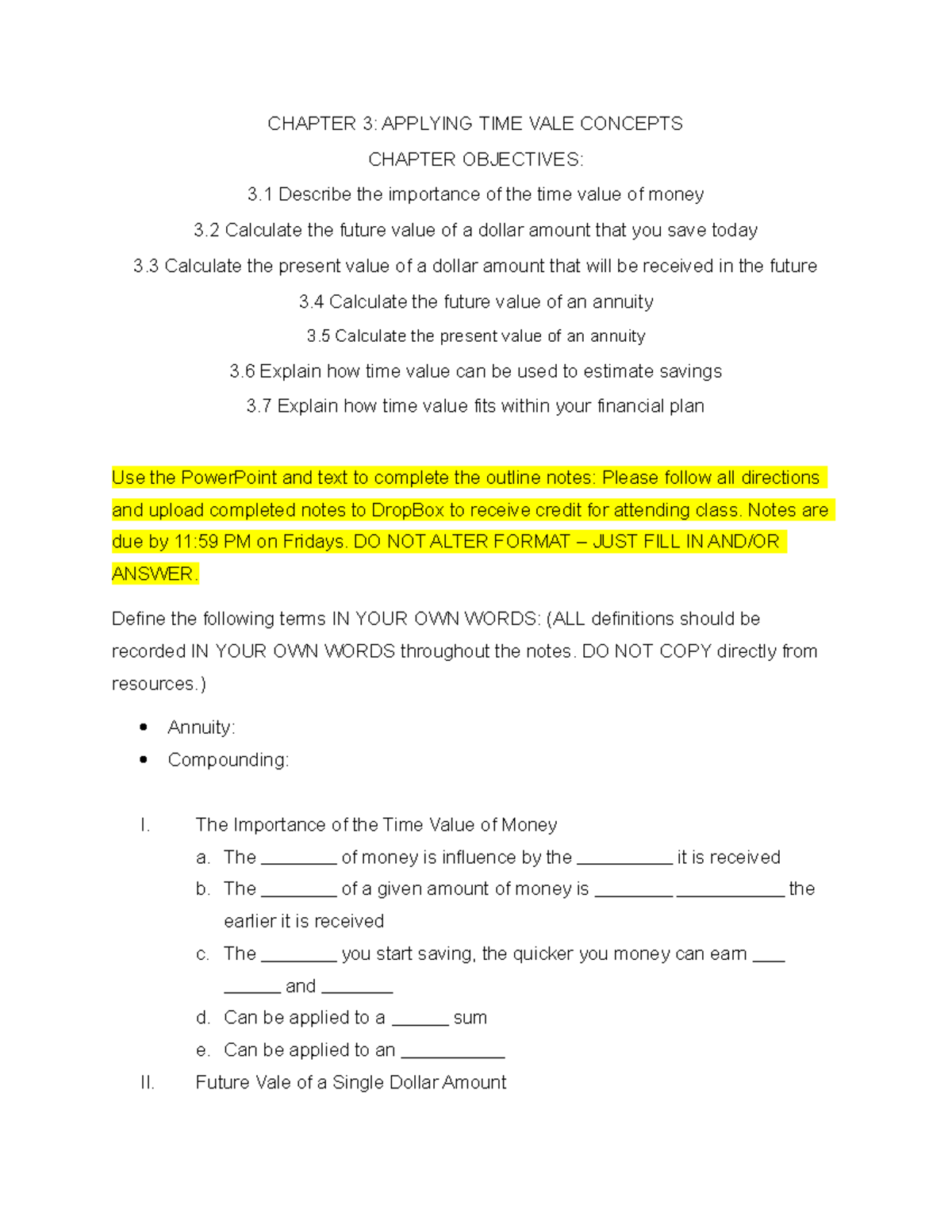 FIN 101 Chapter 3 Fillable Notes: Time Value of Money Concepts - Studocu