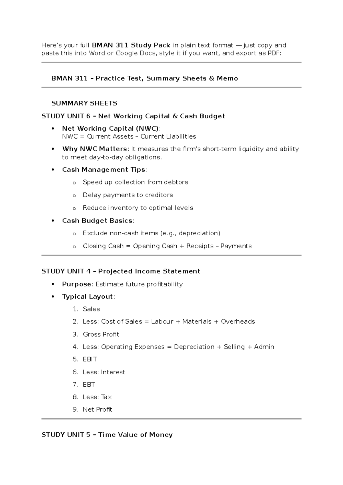 BMAN 311 Final Exam Study Pack: Practice Tests & Summary Sheets - Studocu