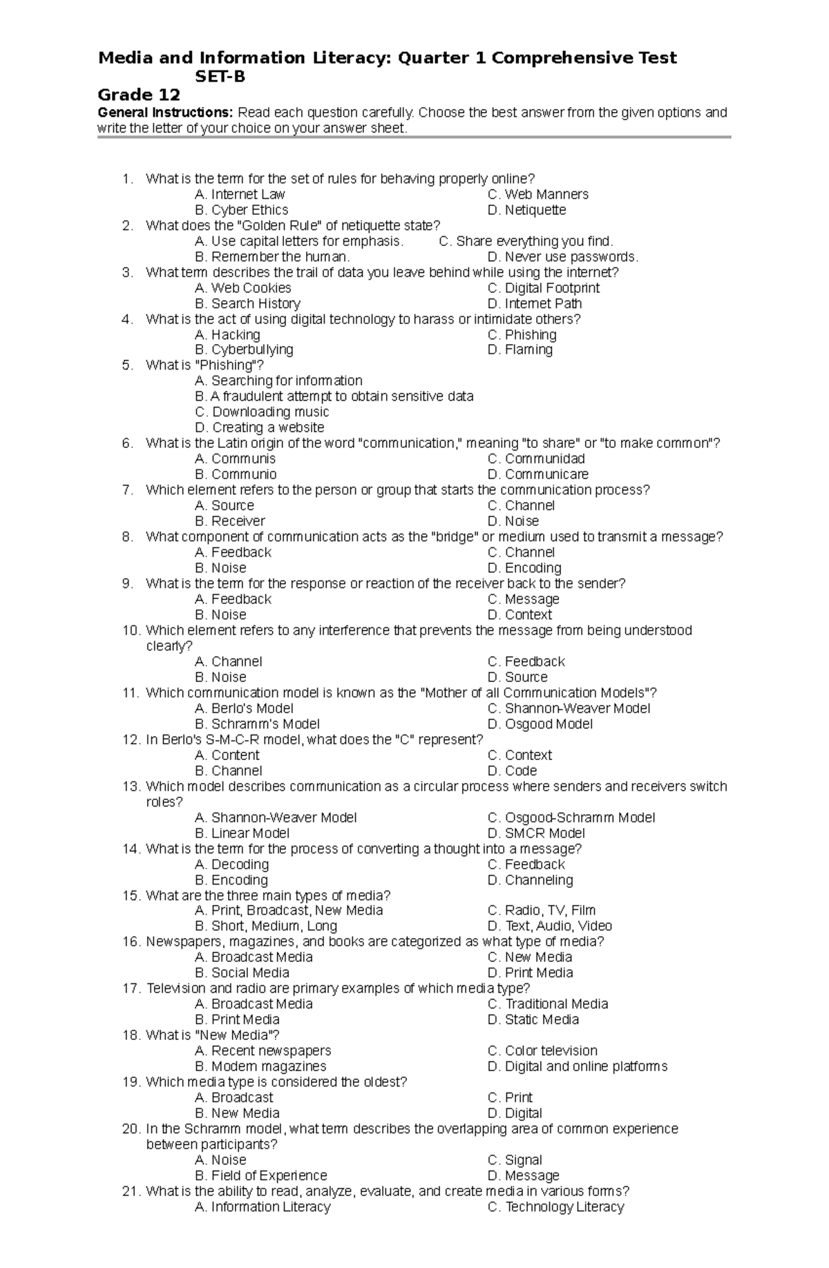 MIL Q1 Comprehensive Test - Media and Information Literacy Grade 12 ...