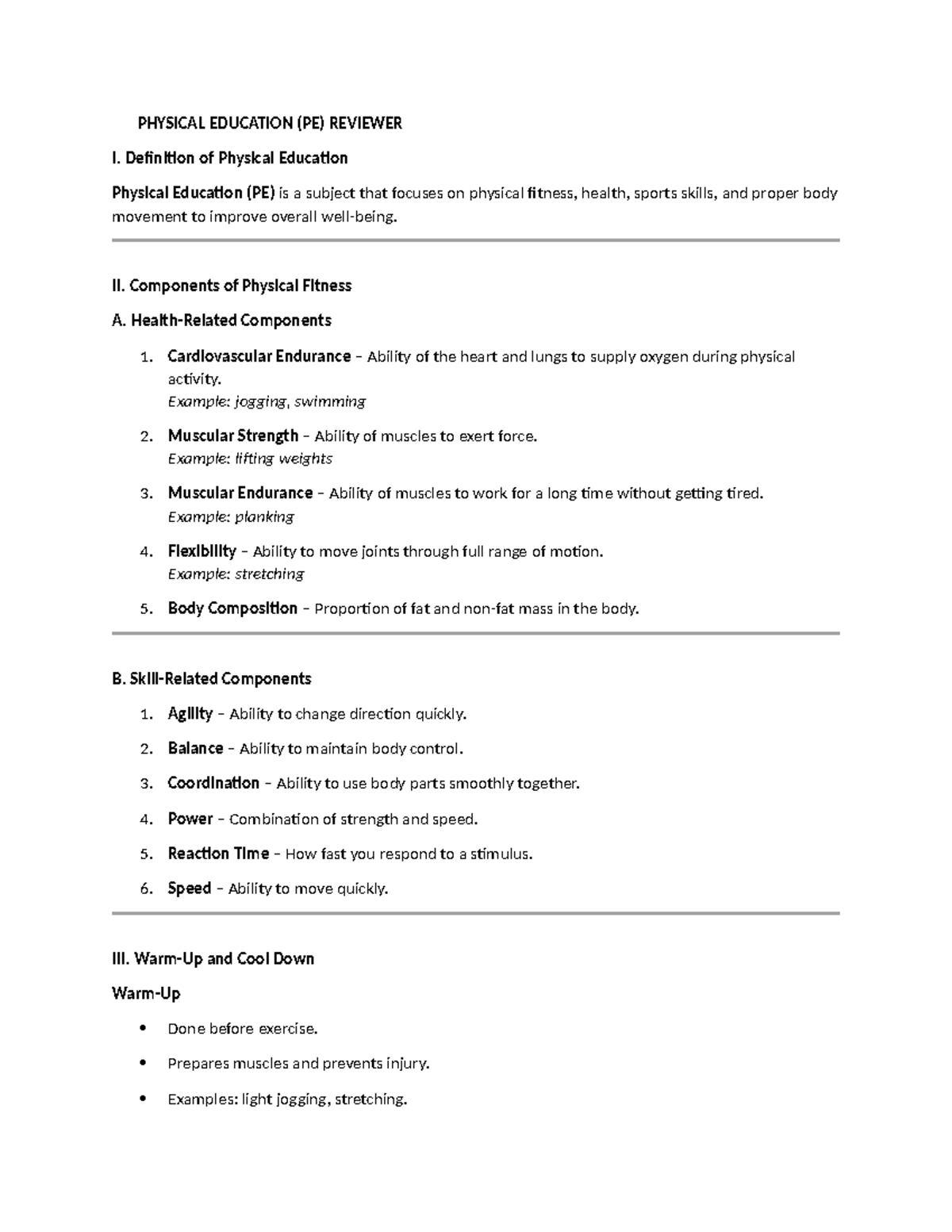 PE REVIEWER: Key Concepts in Physical Education and Fitness - Studocu