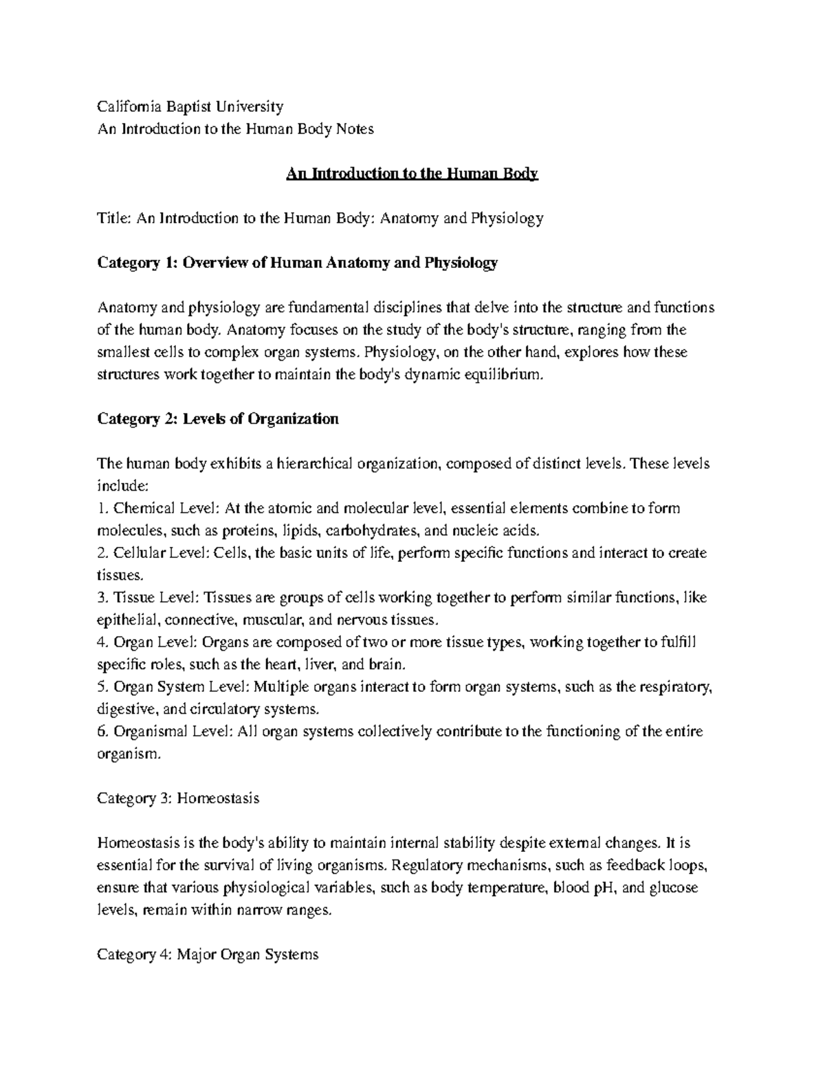 CBU BIO 101: Intro to Human Body - Anatomy & Physiology Notes - Studocu