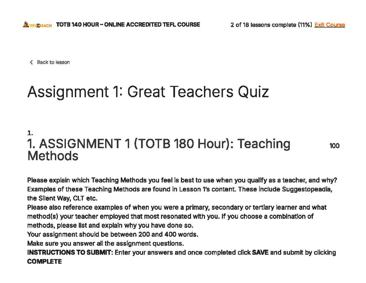 TOTB 140 Final Quiz on Effective Teaching Methods - Studocu