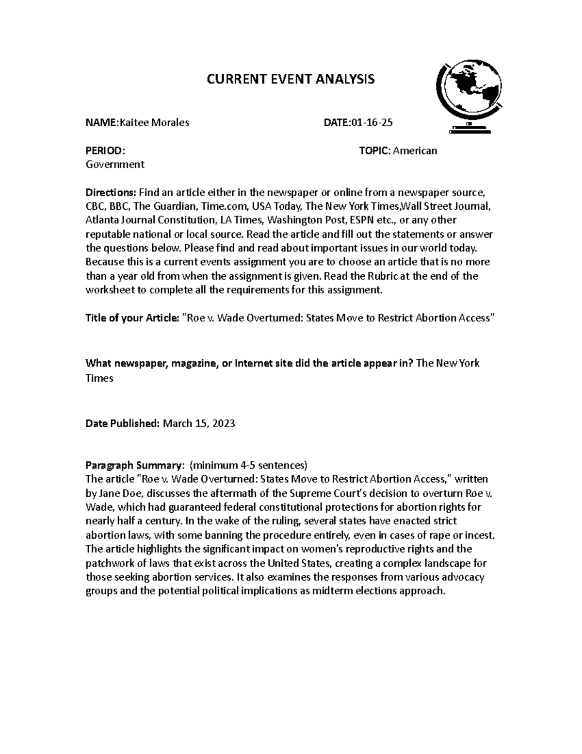 Copy of Current Event Worksheet Final.docx - CURRENT EVENT ANALYSIS ...