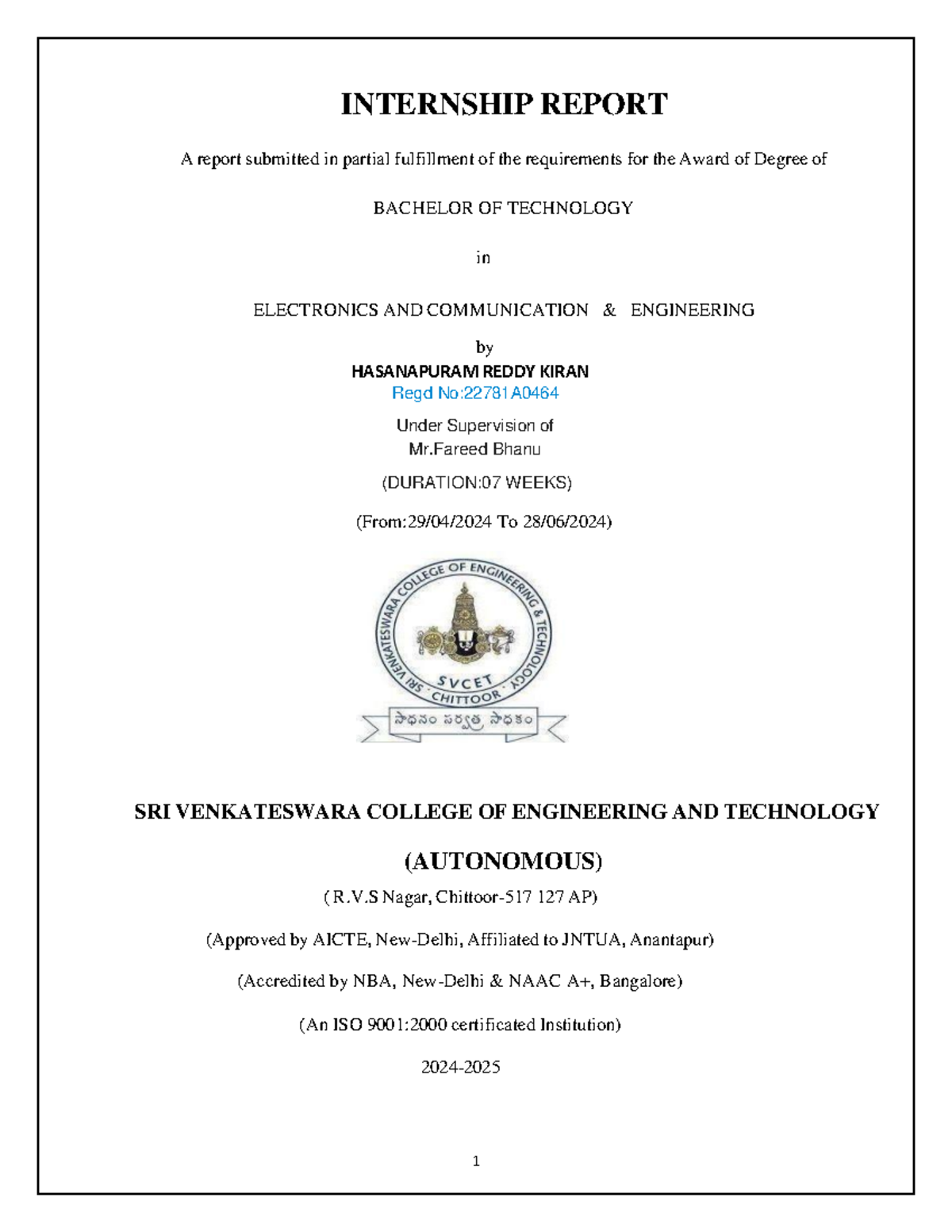 Internship Report on Embedded Systems - B.Tech ECE 22781A0464 - Studocu