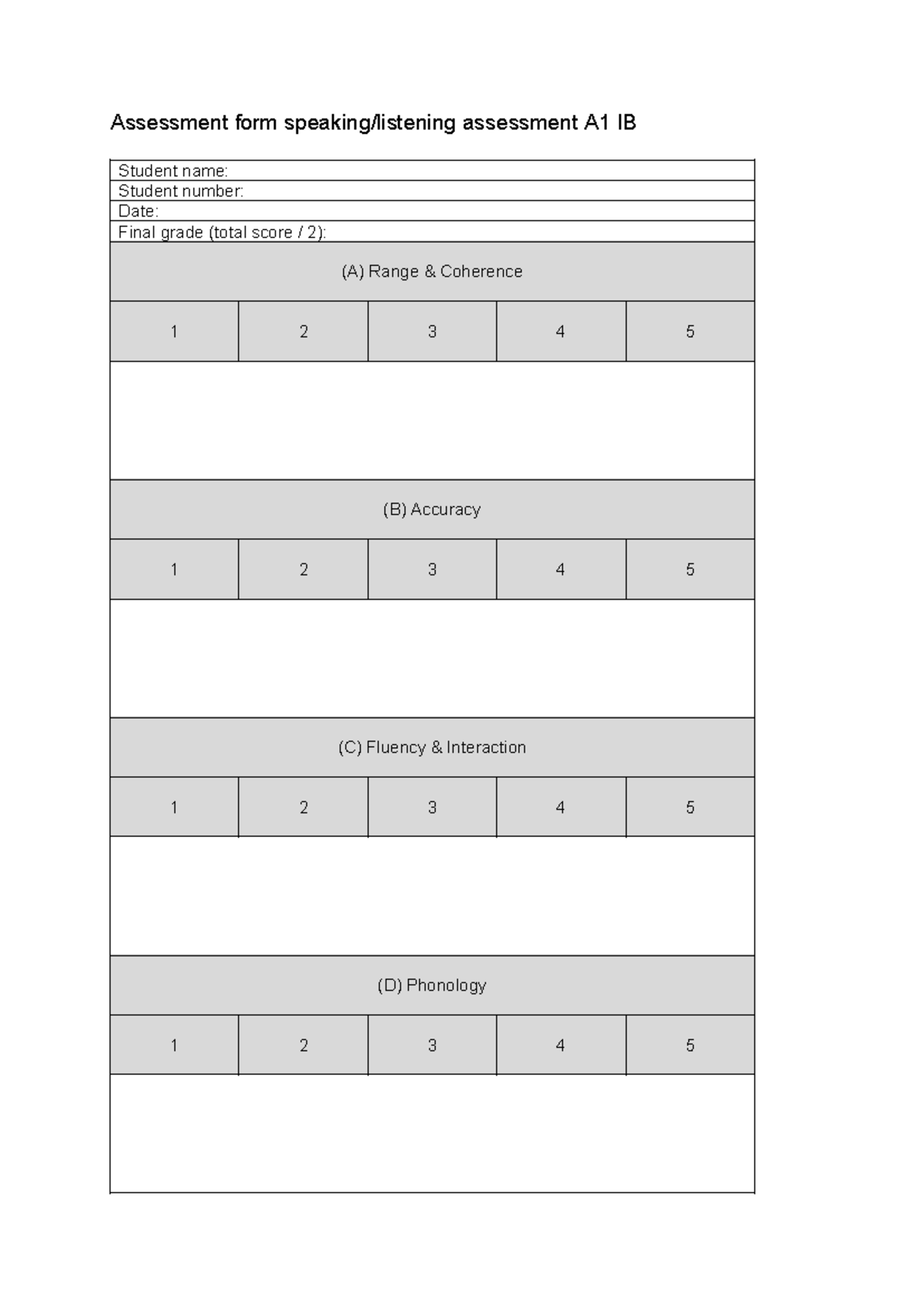 Assessment Form for Speaking & Listening A1 IB Template - Studeersnel
