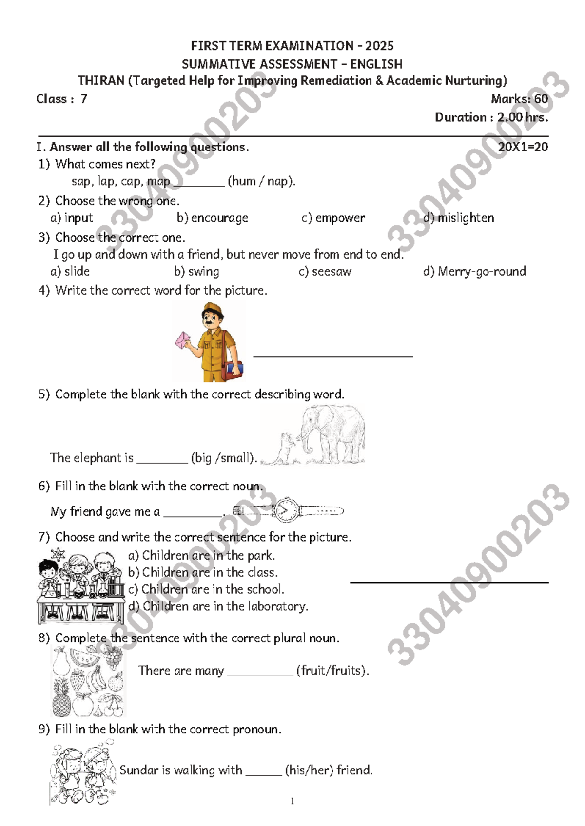 FIRST TERM EXAM 2025 - CLASS 7 ENGLISH SUMMATIVE ASSESSMENT - Studocu