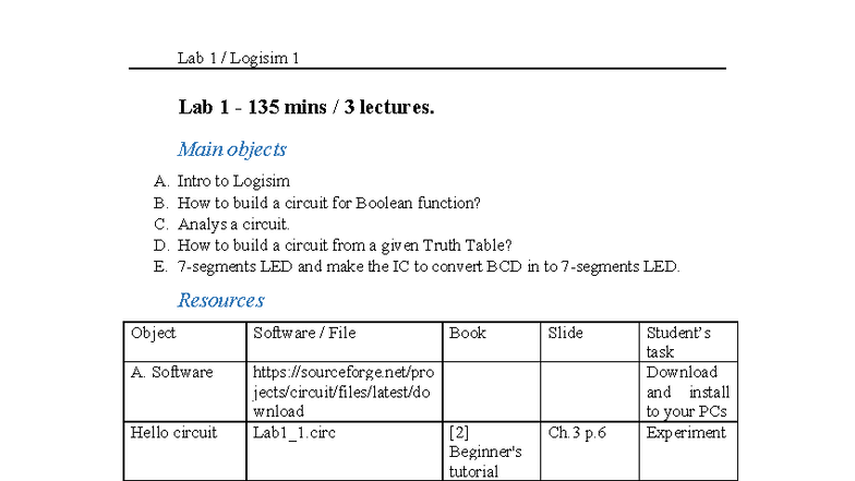 LAB+1+-+ Logisim+ Introduction-1 - Lab 1 - 135 mins / 3 lectures. Main ...
