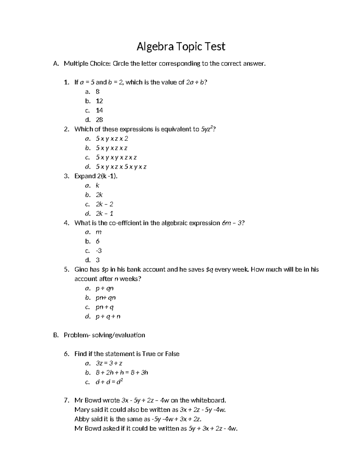 Algebra Topic Test A: Multiple Choice Questions and Answers - Studocu