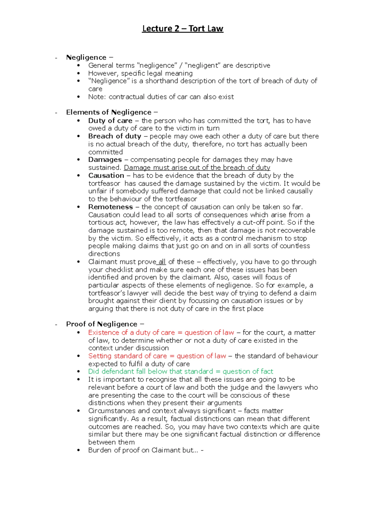 Lecture 3: Duty of Care & Medical Negligence in Tort Law - Studocu