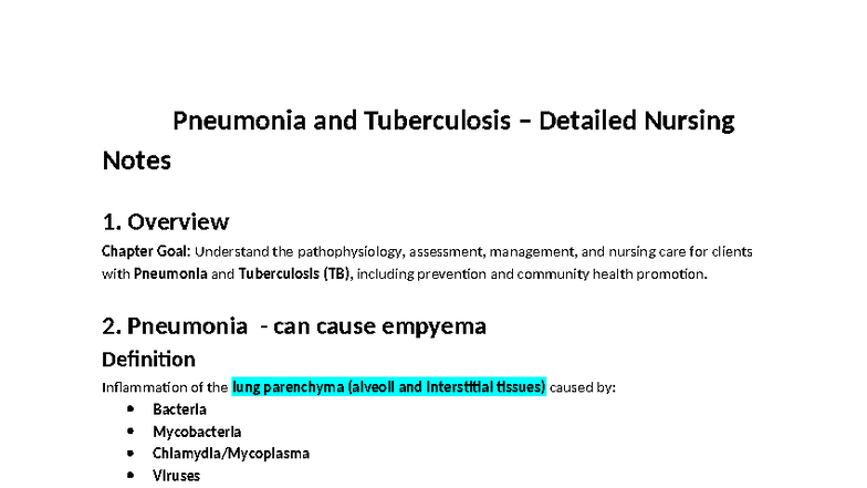 Nursing Notes on Pneumonia & TB: Pathophysiology & Management - Studocu