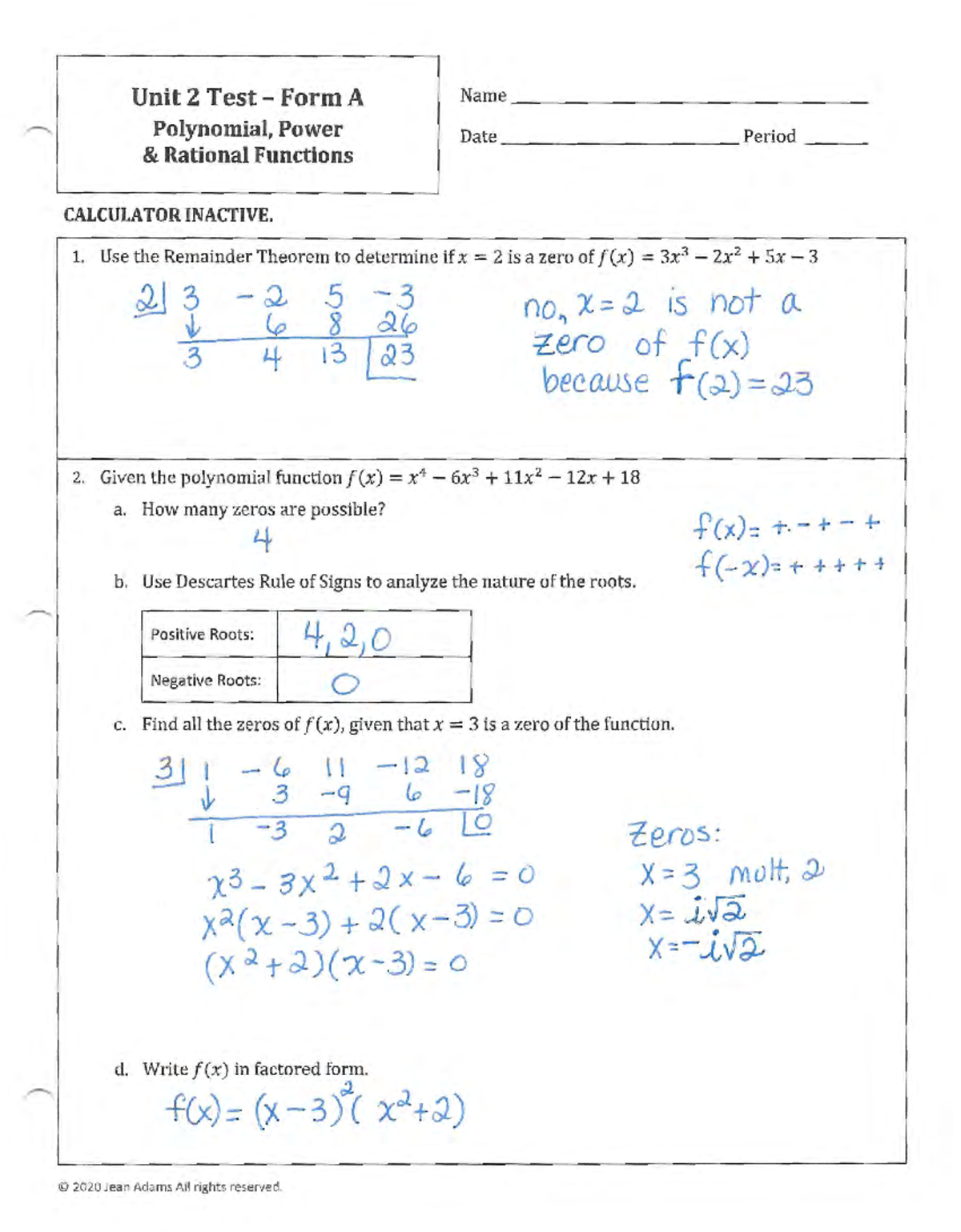 Unit 2 Free Response Test A Answer Key for Polynomial Functions - Studocu