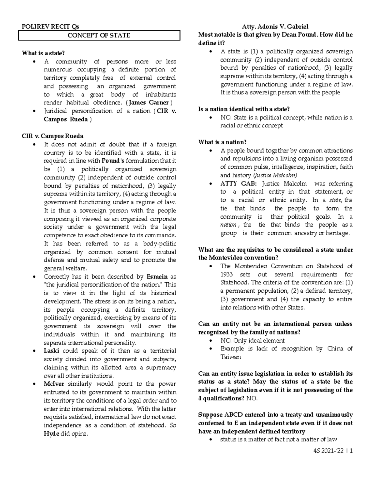 POLIREV RECIT Qs: Understanding the Concept of State and Government - Document Preview