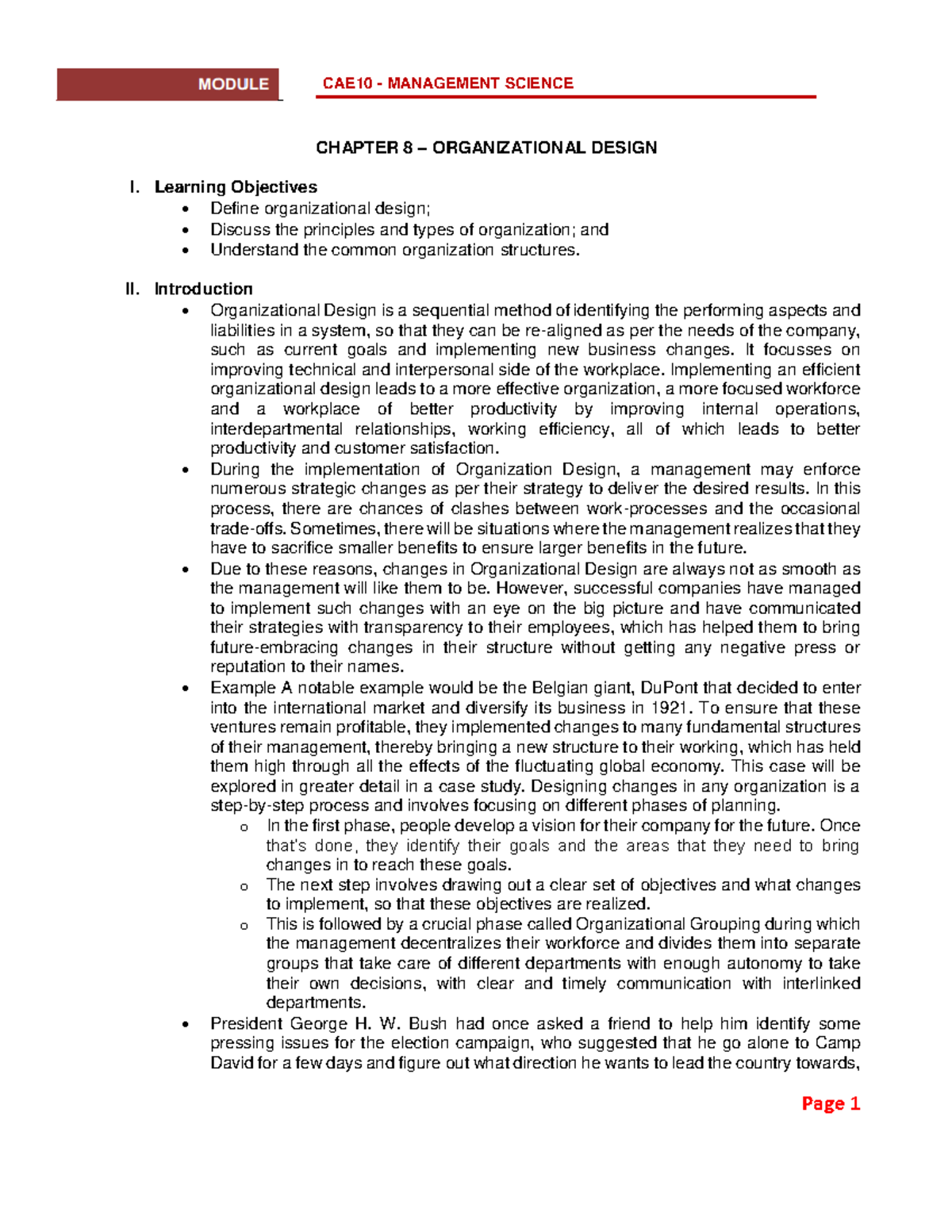 Chapter 8 - CHAPTER 8 – ORGANIZATIONAL DESIGN I. Learning Objectives ...