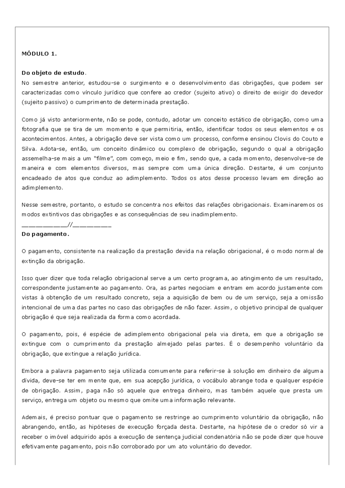 UNIP - Módulo 1: Estudo das Obrigações e Pagamento - Studocu