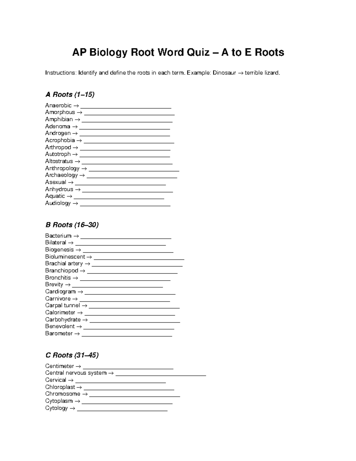 AP Biology Root Word Quiz A to E Definitions and Examples - Studocu
