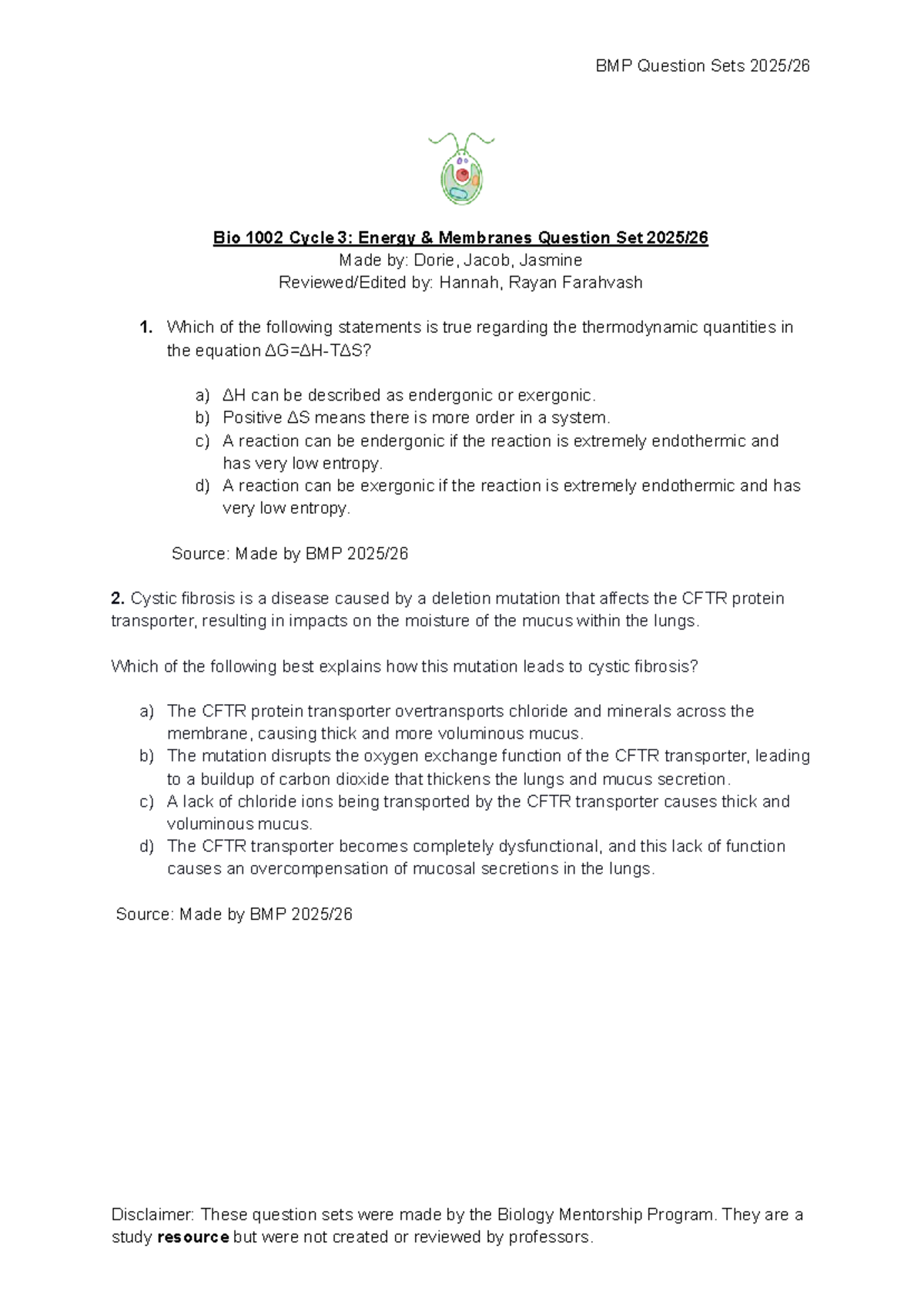 BIO 1002 Cycle 3 BMP Study Questions on Energy & Membranes - Studocu