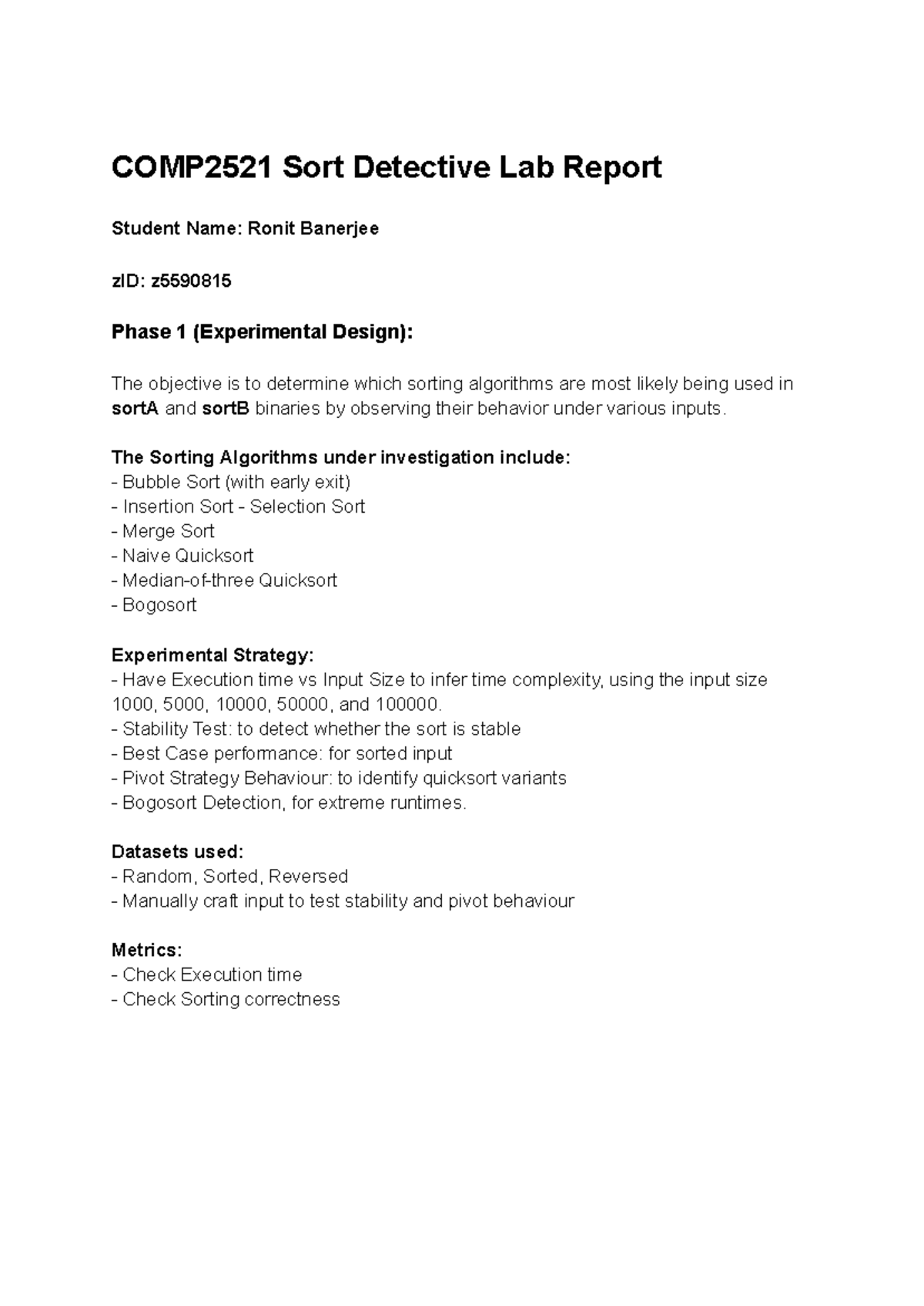 COMP2521 Lab Report: Analyzing Sorting Algorithms Performance - Studocu