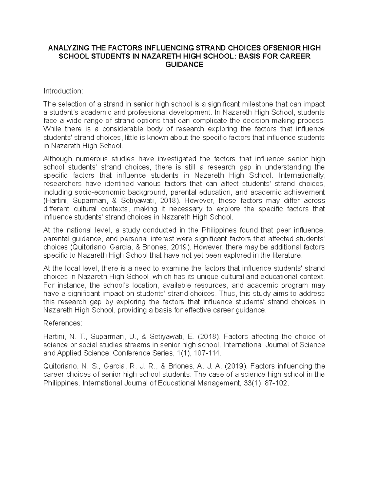 Factors Influencing Senior High Strand Choices at Nazareth High School ...