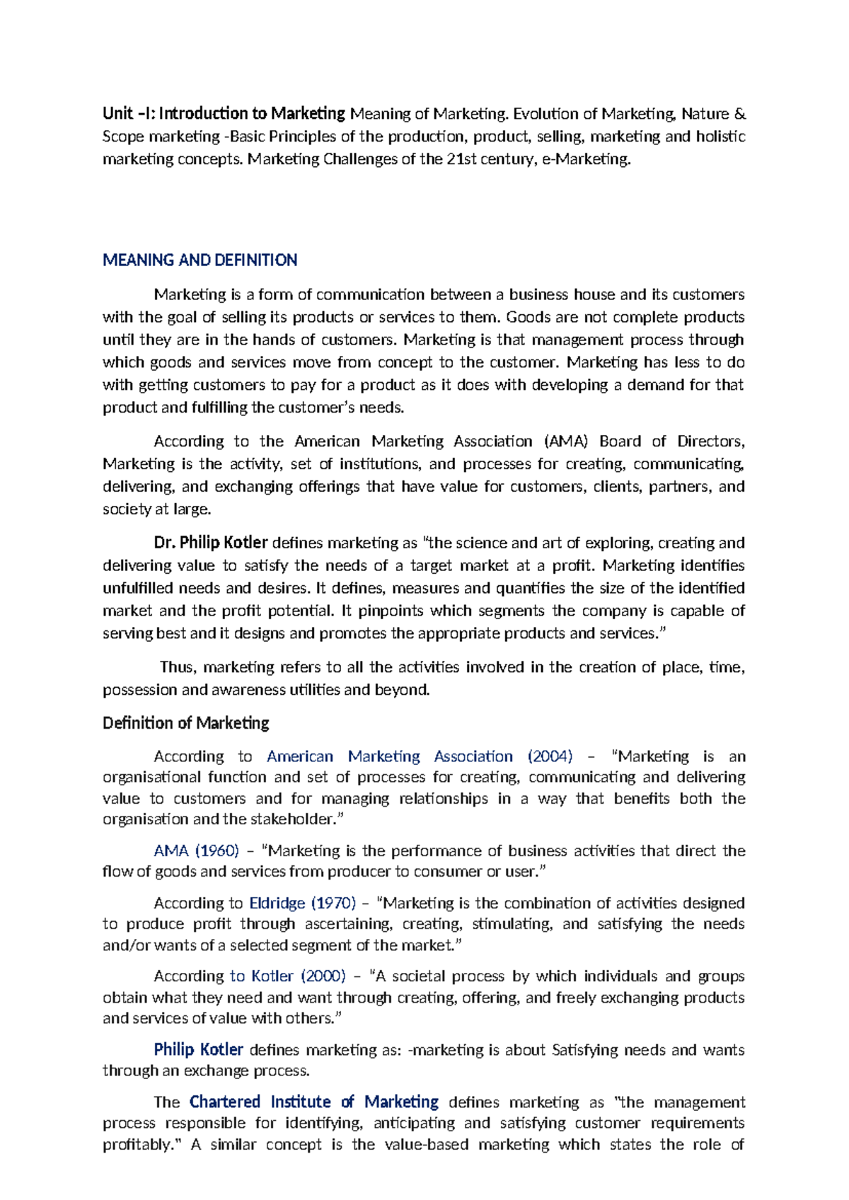 Unit-1: Introduction to Marketing Concepts and Evolution - Studocu