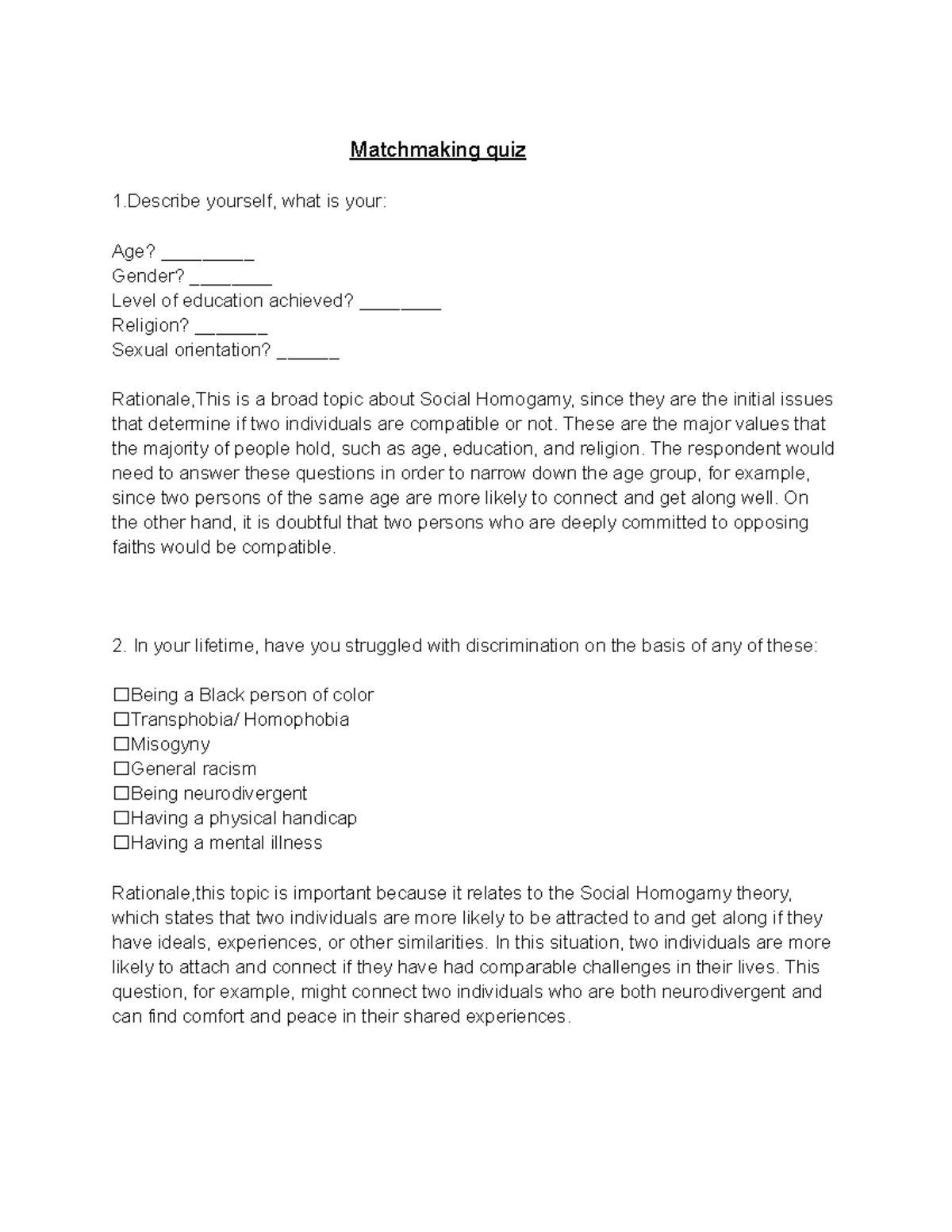 Matchmaking Quiz - Essay on Compatibility Theories - Studocu