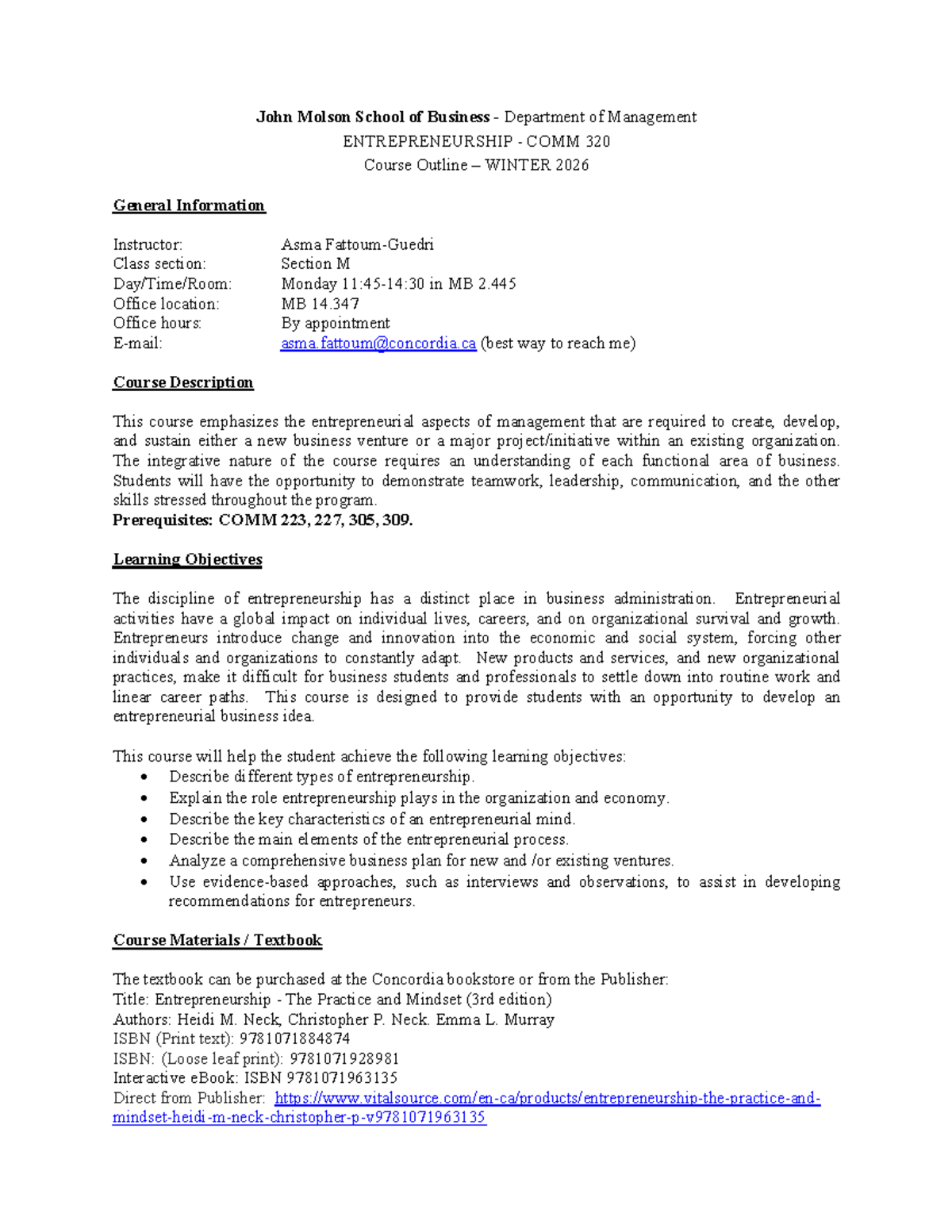 COMM 320 - Entrepreneurship Course Outline - Winter 2026 - Studocu