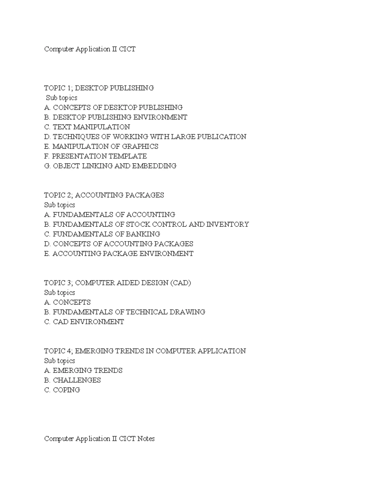 Computer Application II CICT Syllabus Outline - Computer Application II ...