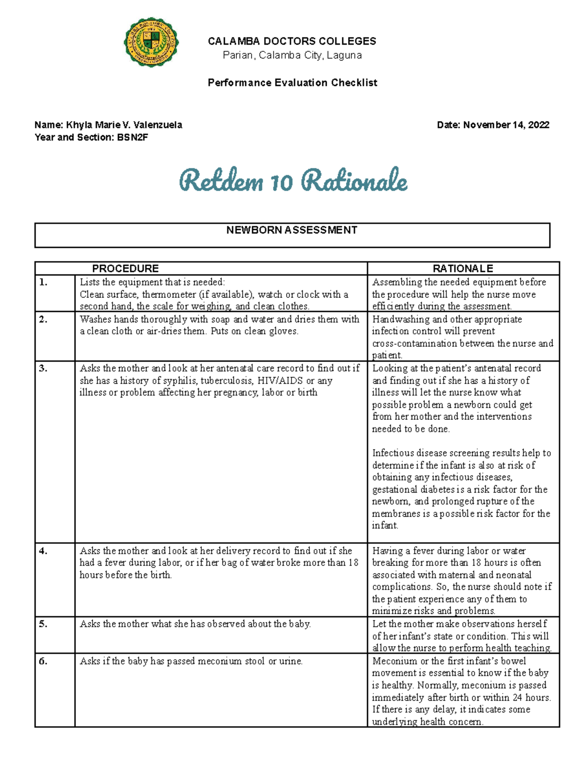 Newborn Assessment Rationale - CALAMBA DOCTORS COLLEGES Parian, Calamba ...