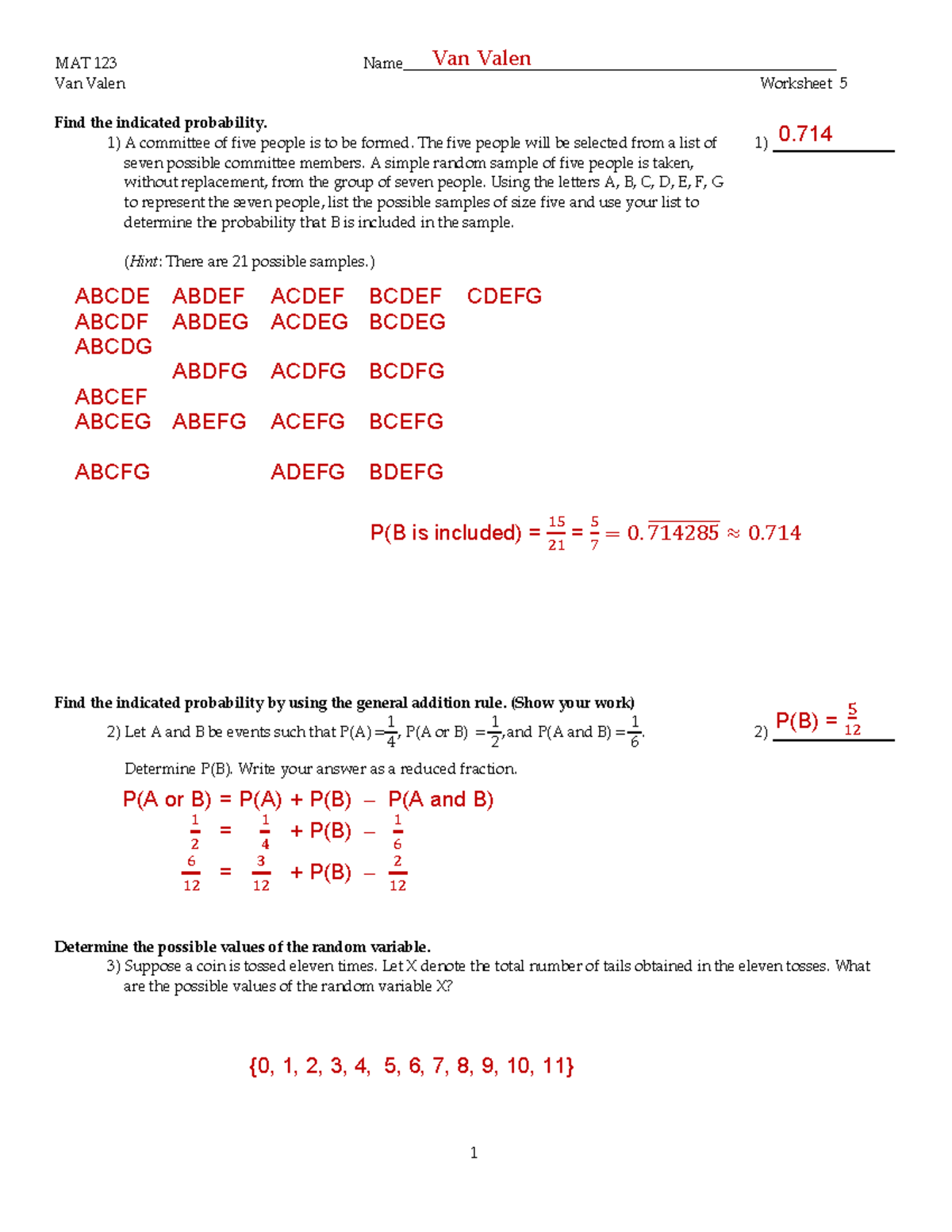 MAT 123 - Van Valen Worksheet 5: Probability Calculations and Examples ...