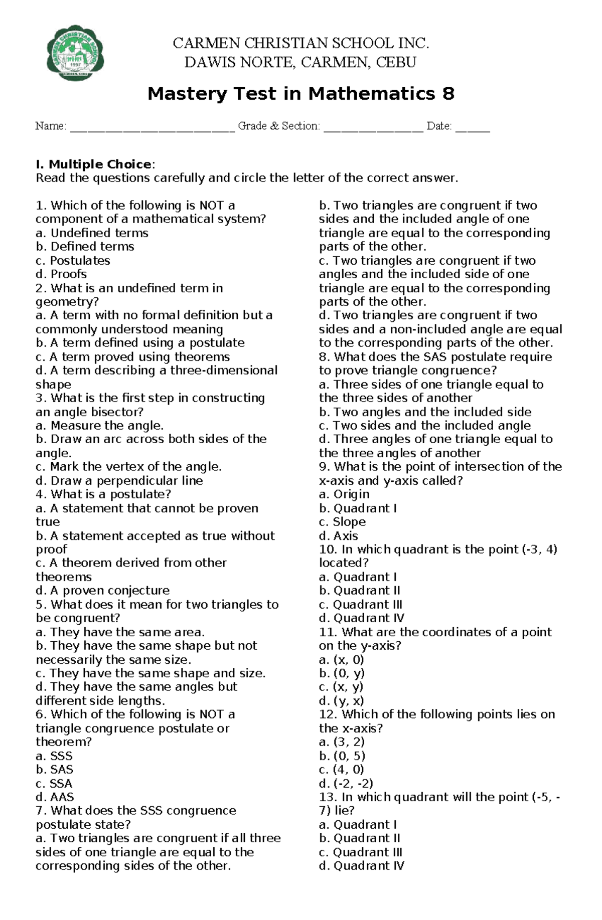 Mastery Test in Mathematics 8 - CARMEN CHRISTIAN SCHOOL INC. - Studocu