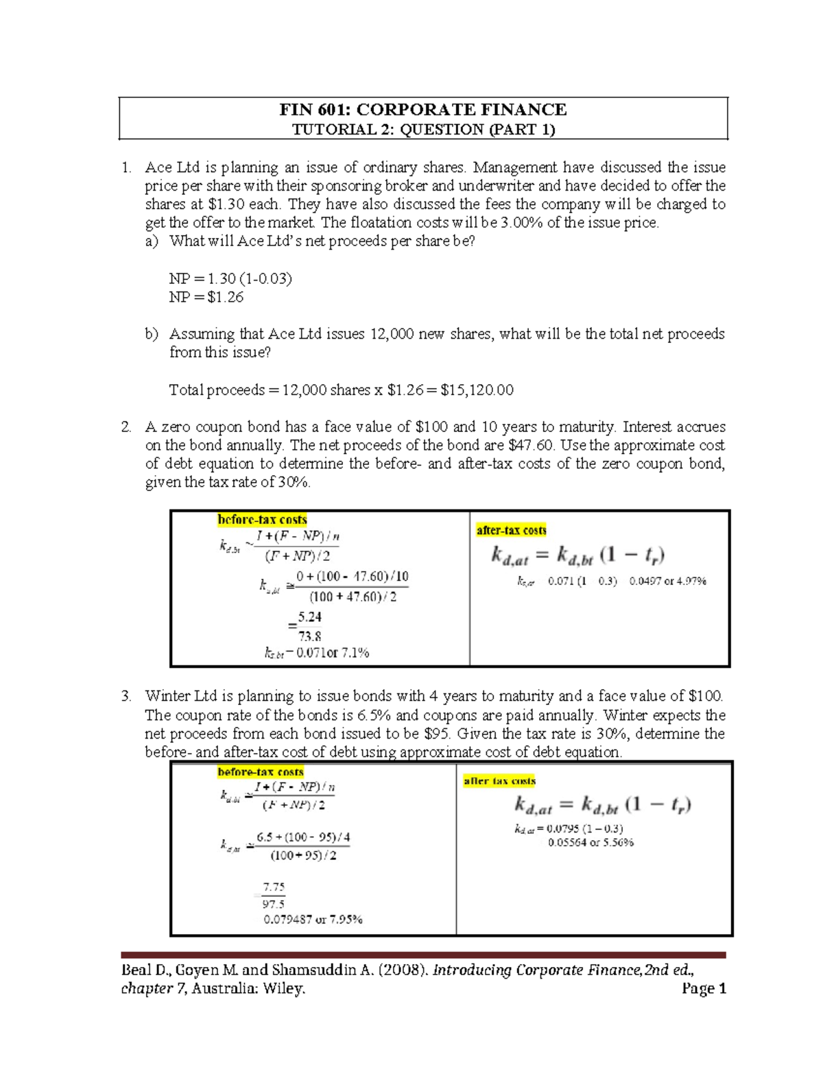 FIN 601: Corporate Finance Tutorial 2 - Part 1 Solutions - Studocu