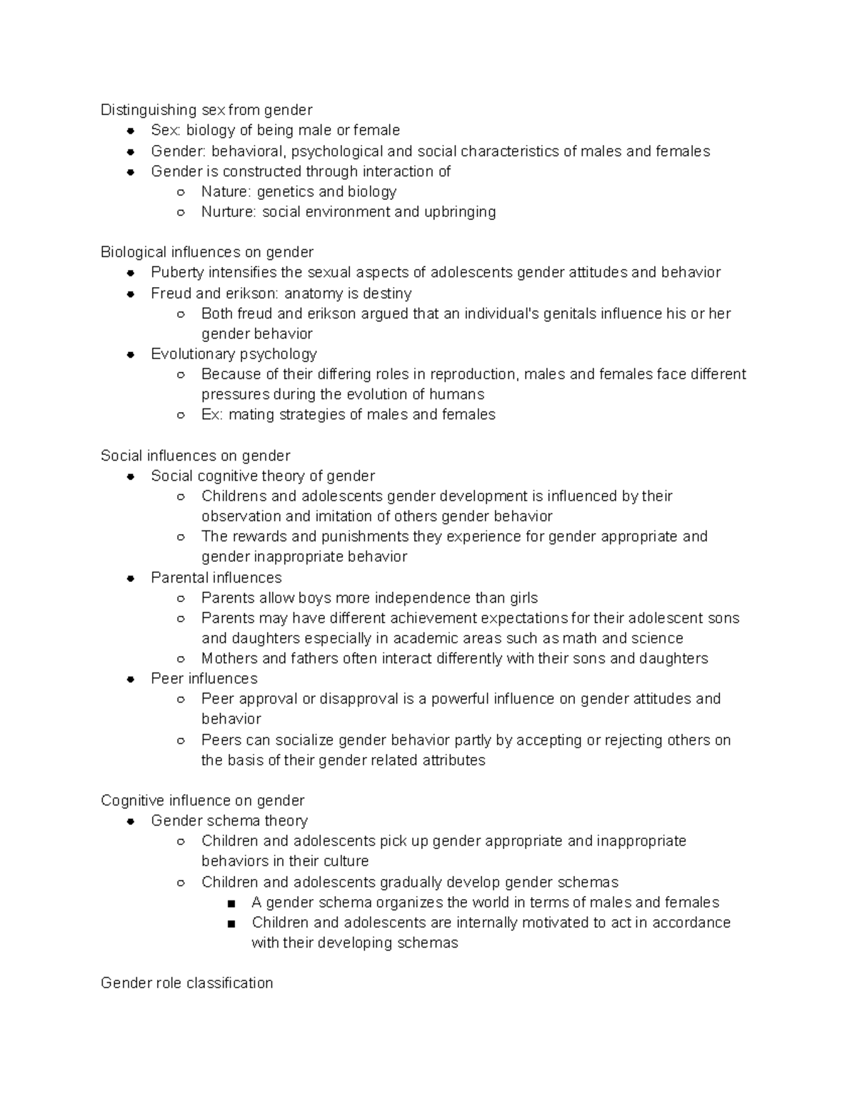 Ch. 5 gender notes - Distinguishing sex from gender Sex: biology of ...