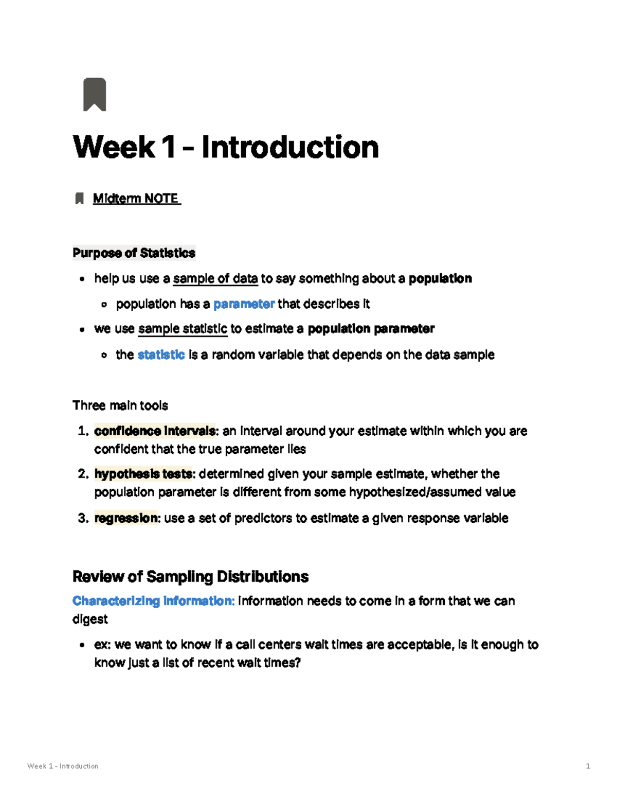 Week 1 Introduction to Statistics Midterm Notes (STAT101) - Studocu