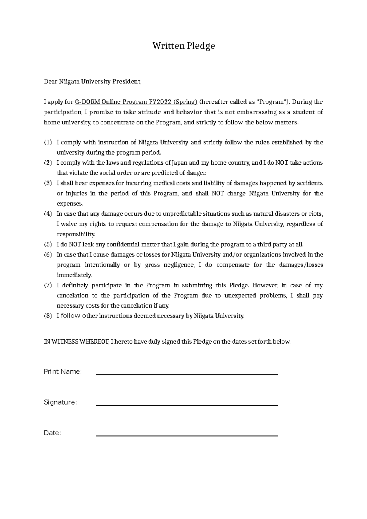 Written Pledge for Online Program FY2022 (Spring) at Niigata University ...