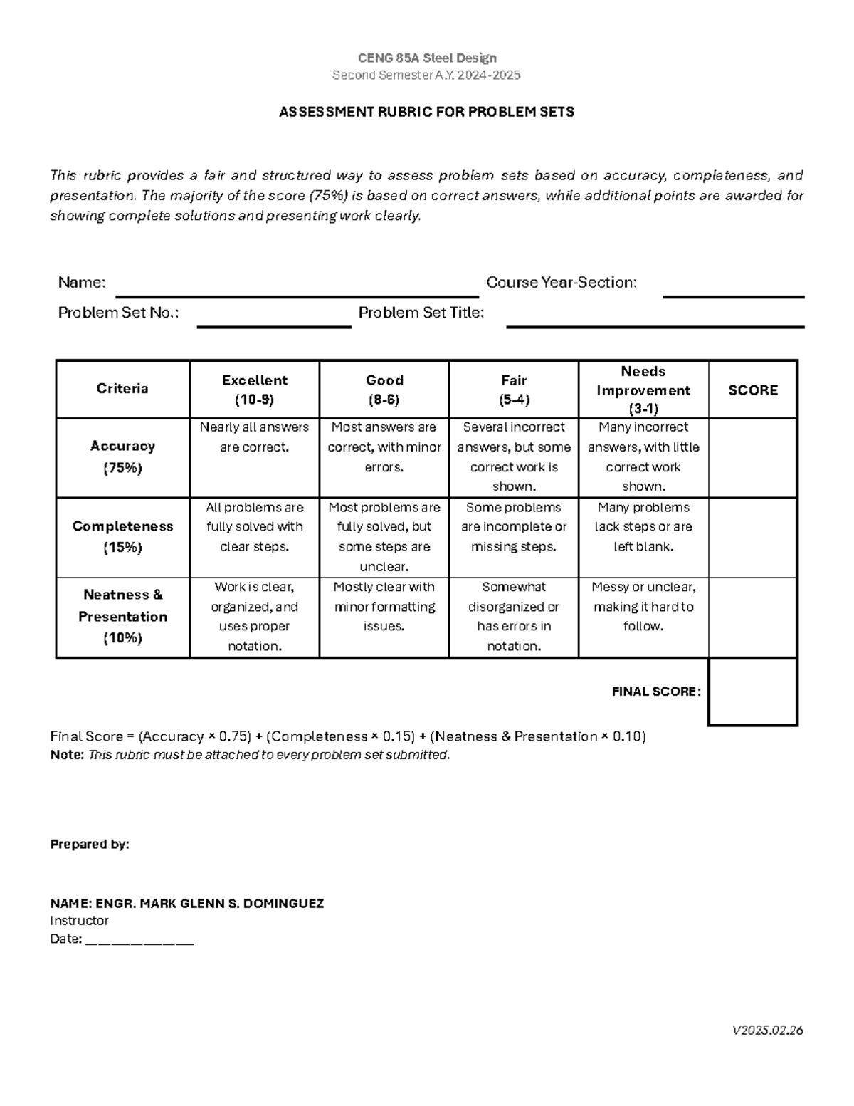 CENG 85A Steel Design 2nd Sem Assessment Rubric for Problem Sets - Studocu
