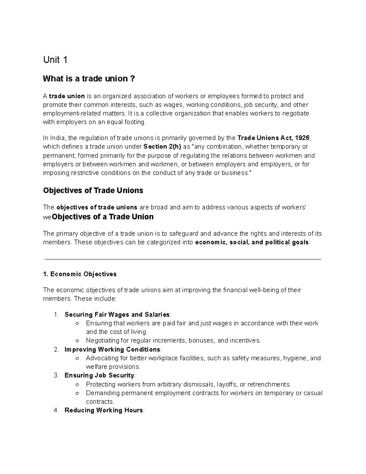 Unit 1: Understanding Trade Unions and Their Objectives - Studocu