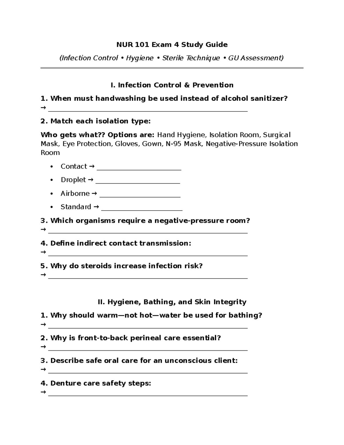 NUR 101 Exam 4 Study Guide: Infection Control & GU Assessment - Studocu