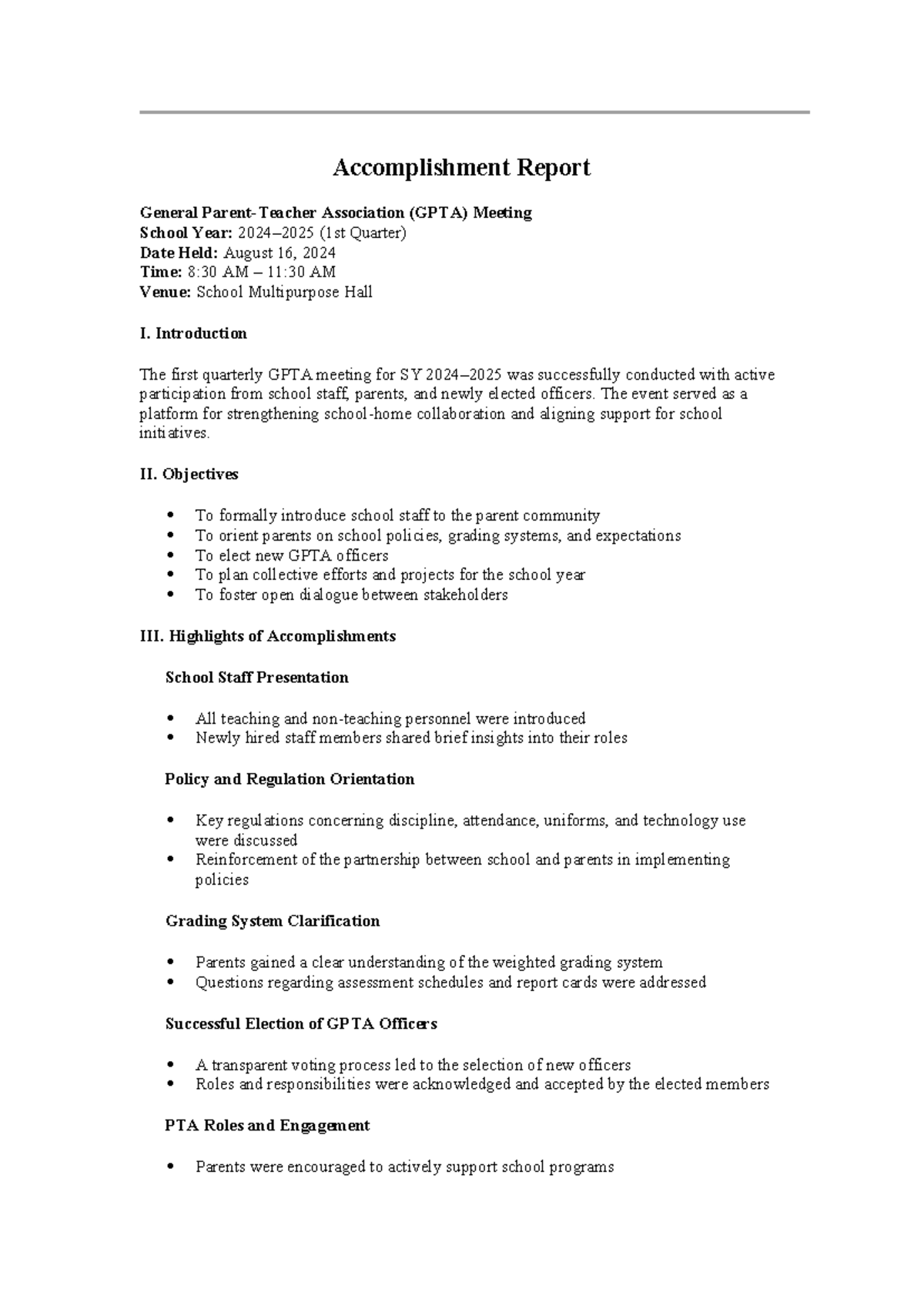 Accomplishment Report: 1st GPTA Meeting SY 2024-25 - Studocu