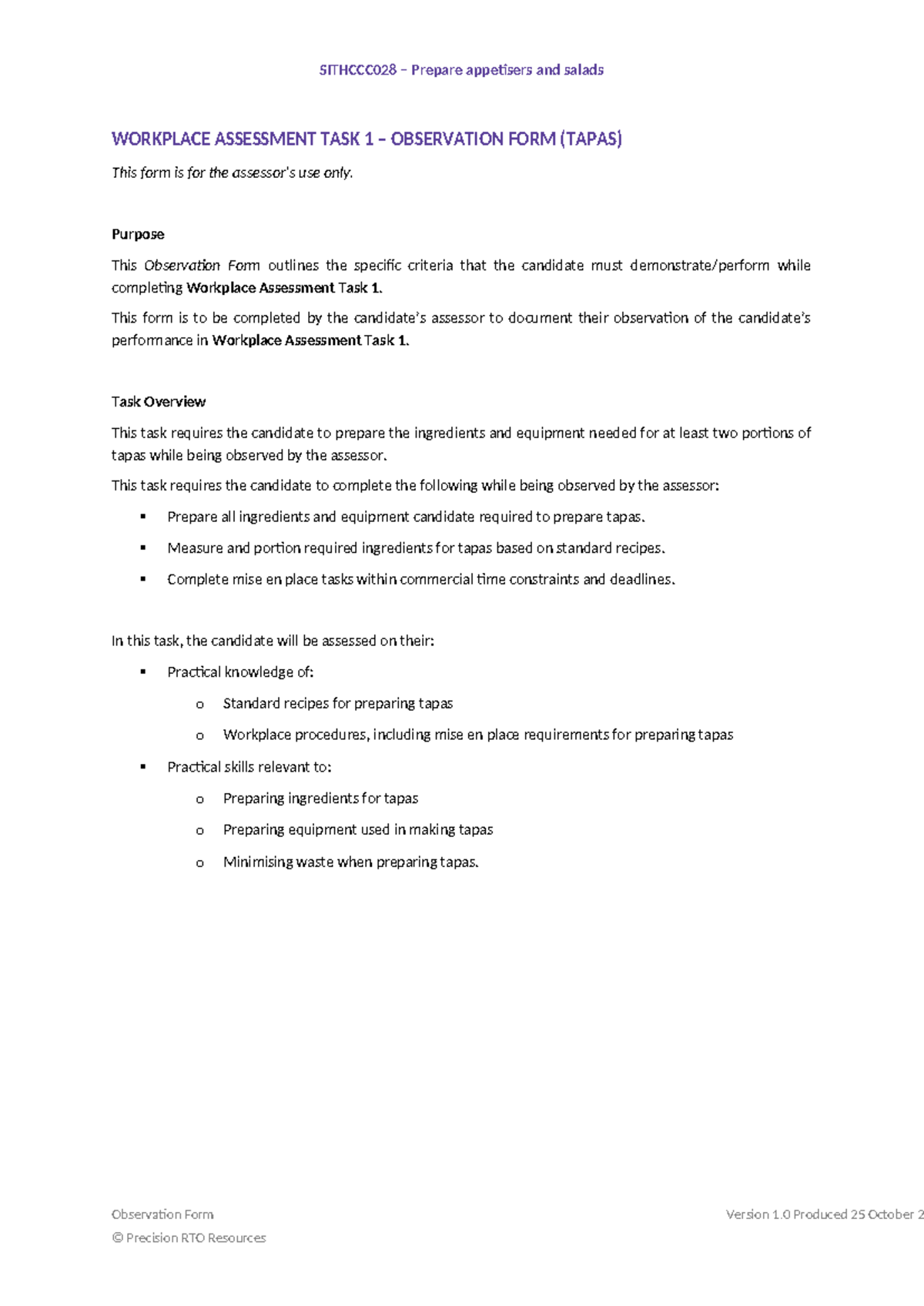 Sithccc 028 Workplace Assessment Task 01 Observation Form v1 ...