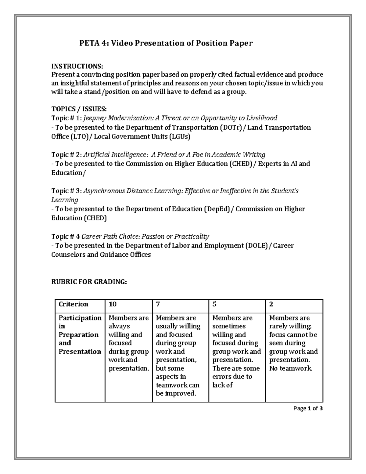 PETA-4 Video Position Paper: Modernization, AI, and Learning ...