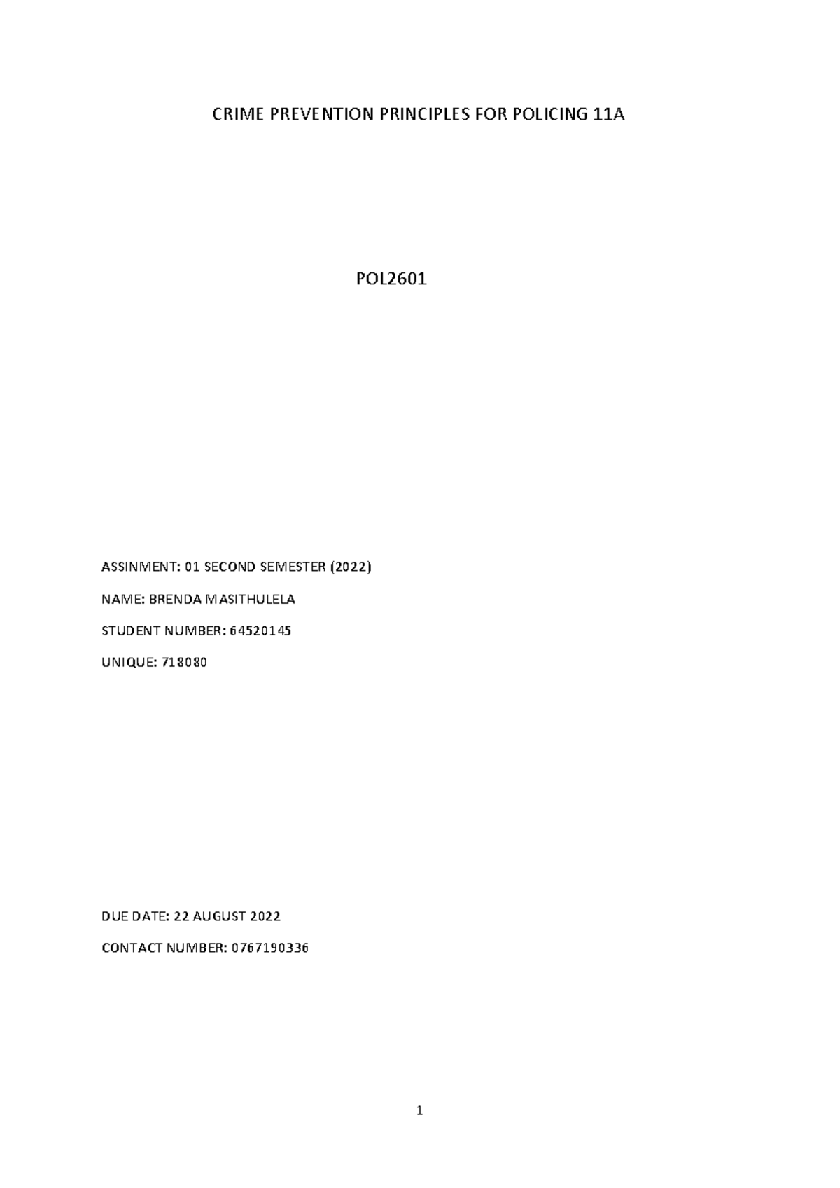 POL2601 Assignment 1: Crime Prevention Principles in Policing - Studocu
