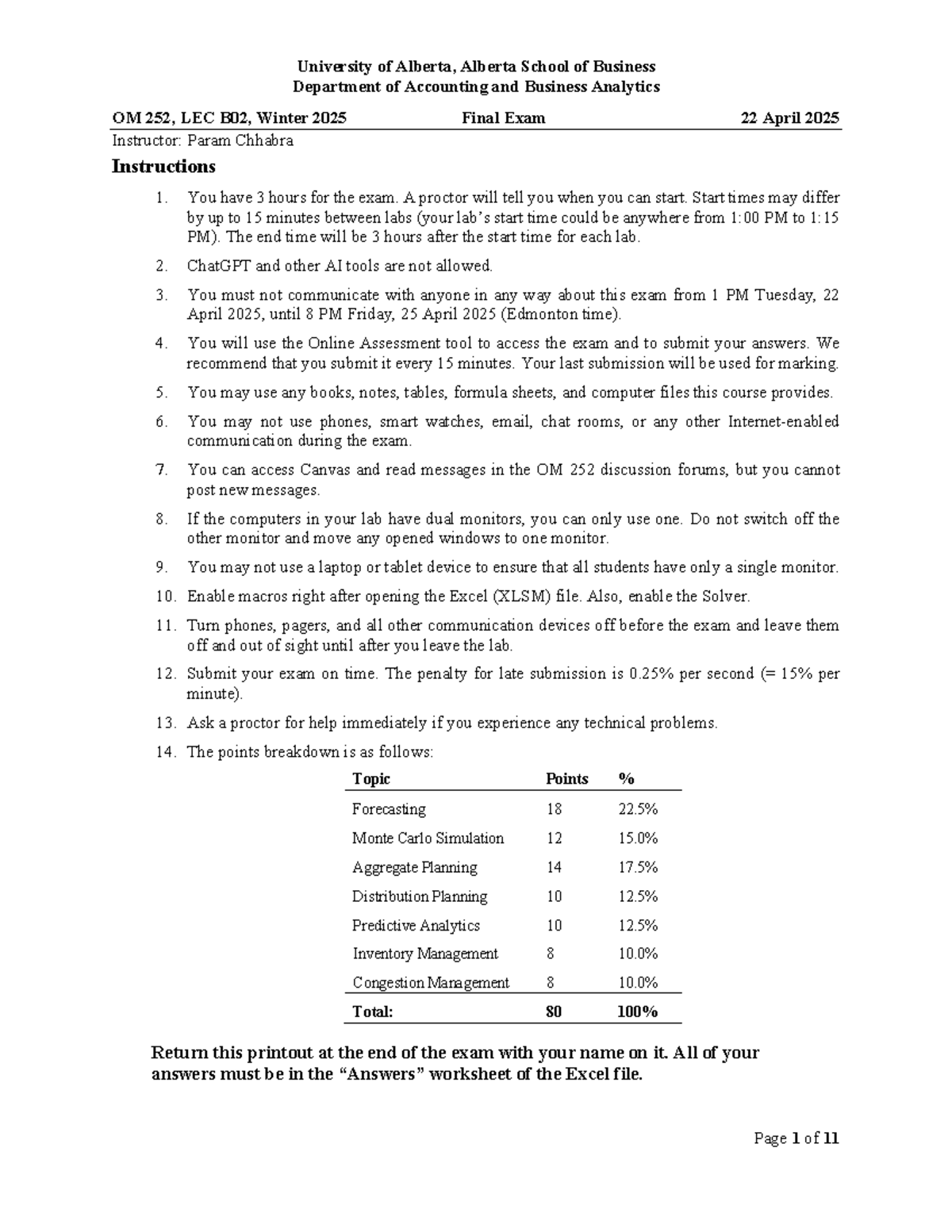 OM 252 Final Exam Guide B02 - 22 April 2025 Instructions & Tips - Studocu