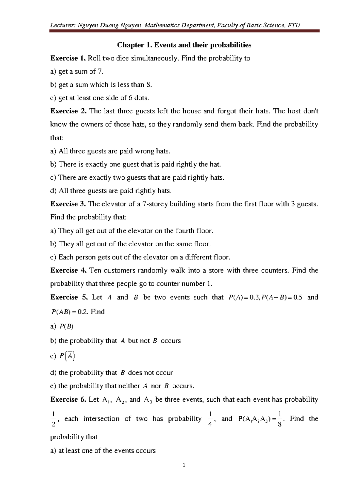Exercises Chapter 1 Xstke - Lecturer: Nguyen Duong Nguyen Mathematics ...