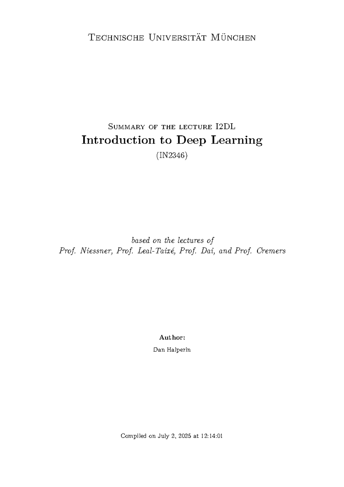 I2DL Lecture Notes: Introduction to Deep Learning (IN2346) - Studocu