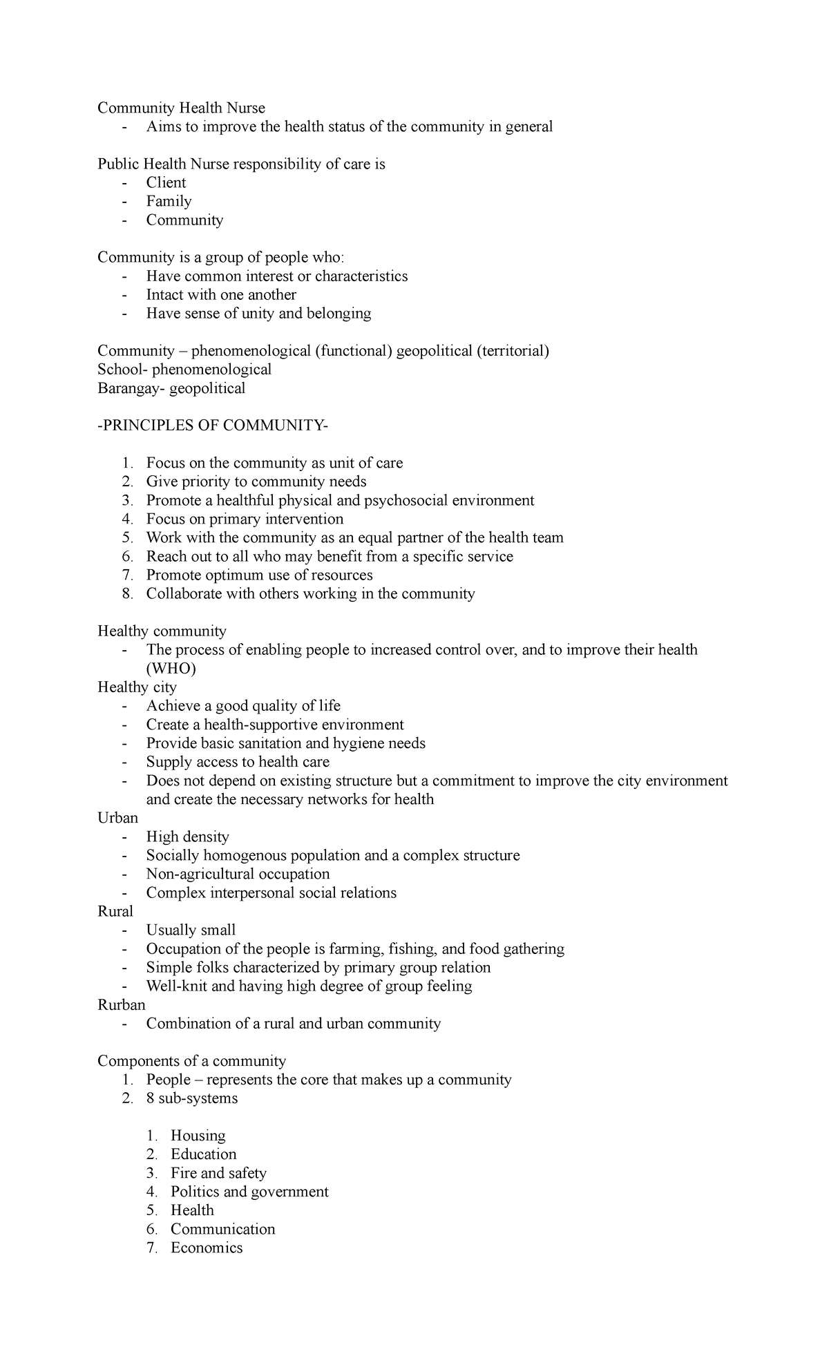 CHN- Community Health Nursing Review Notes for Final Exam - Studocu