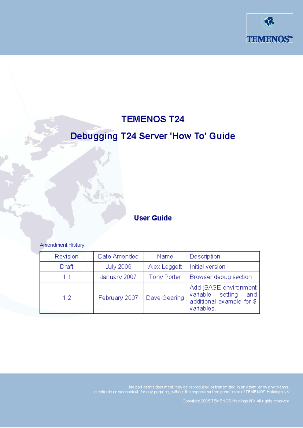 TEMENOS T24 Debugging Server Guide: User Guide & Amendment History ...